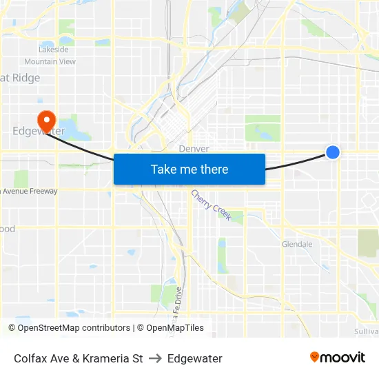 Colfax Ave & Krameria St to Edgewater map