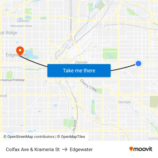 Colfax Ave & Krameria St to Edgewater map