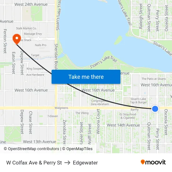 W Colfax Ave & Perry St to Edgewater map