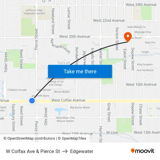 W Colfax Ave & Pierce St to Edgewater map