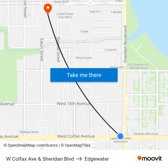 W Colfax Ave & Sheridan Blvd to Edgewater map