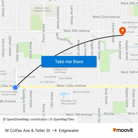 W Colfax Ave & Teller St to Edgewater map