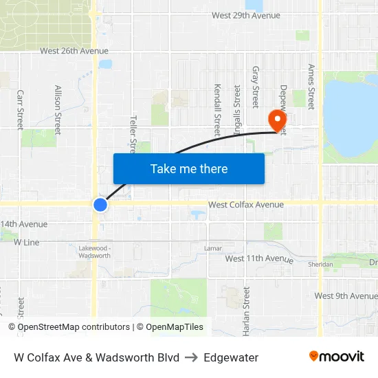 W Colfax Ave & Wadsworth Blvd to Edgewater map