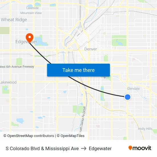 S Colorado Blvd & Mississippi Ave to Edgewater map