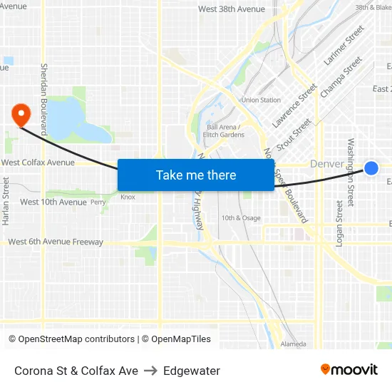 Corona St & Colfax Ave to Edgewater map