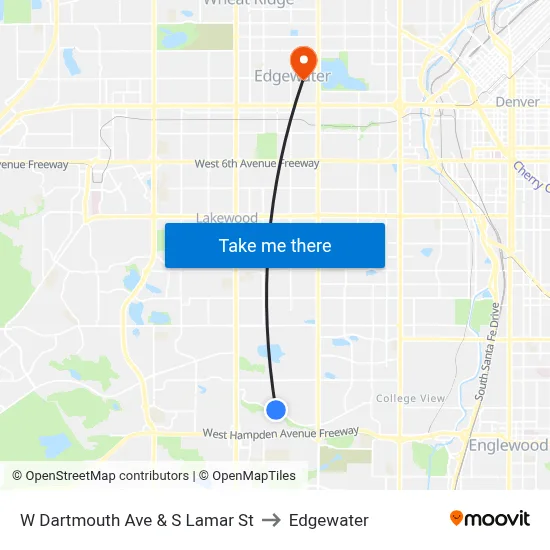 W Dartmouth Ave & S Lamar St to Edgewater map