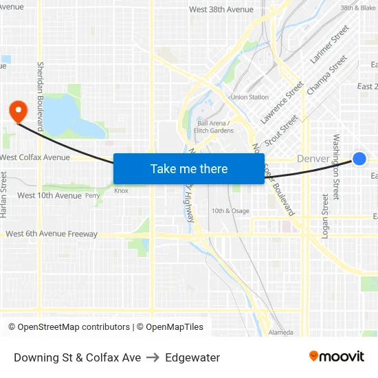 Downing St & Colfax Ave to Edgewater map
