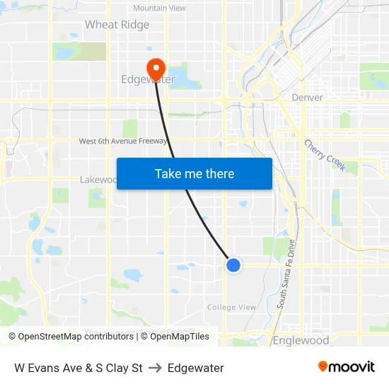 W Evans Ave & S Clay St to Edgewater map