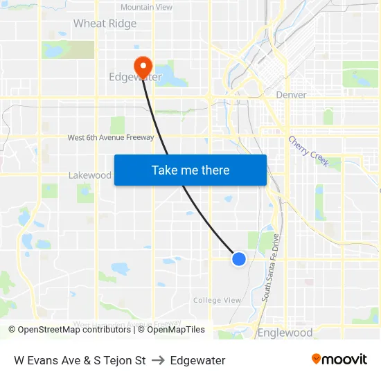 W Evans Ave & S Tejon St to Edgewater map