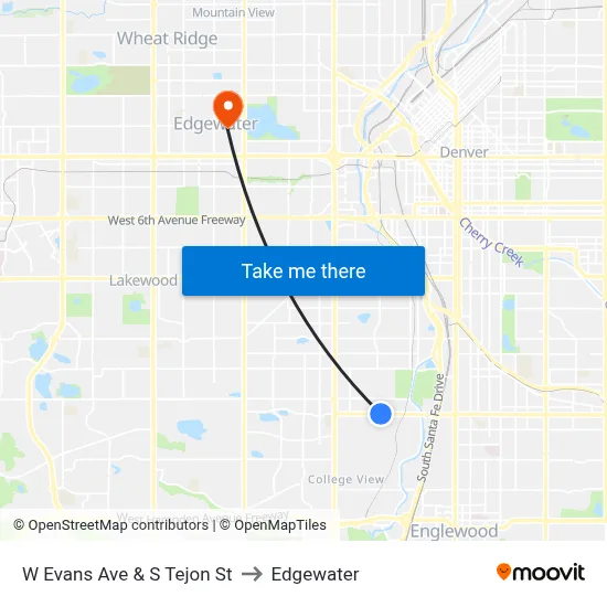 W Evans Ave & S Tejon St to Edgewater map
