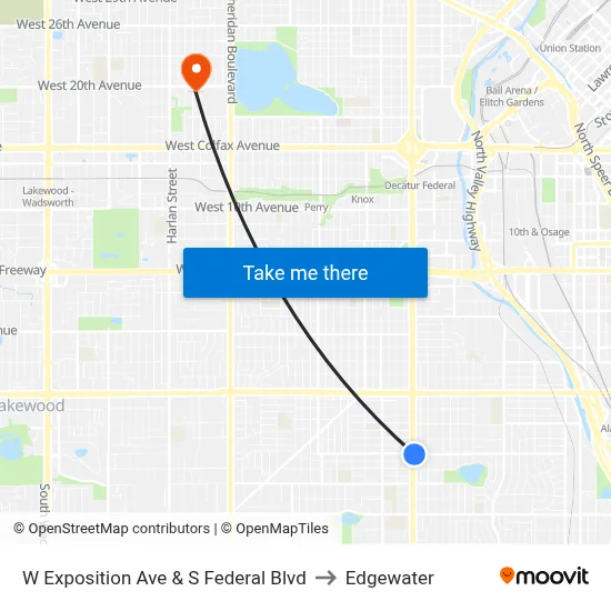 W Exposition Ave & S Federal Blvd to Edgewater map