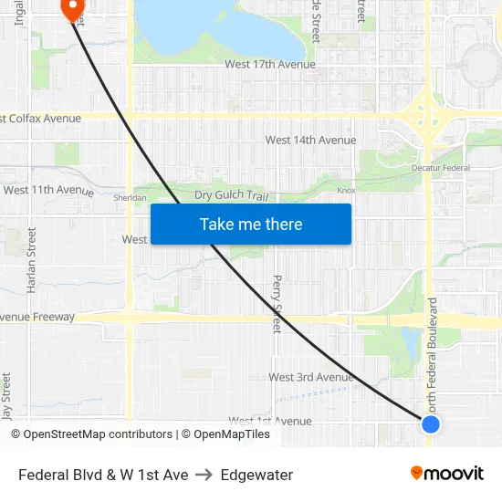 Federal Blvd & W 1st Ave to Edgewater map