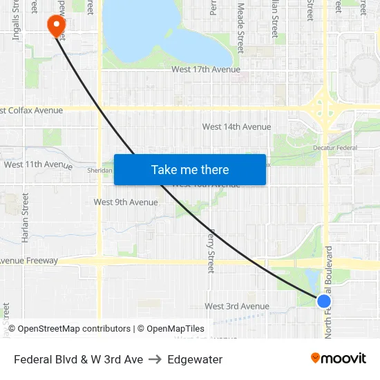 Federal Blvd & W 3rd Ave to Edgewater map