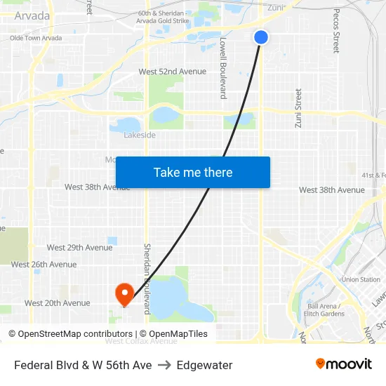 Federal Blvd & W 56th Ave to Edgewater map