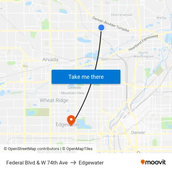 Federal Blvd & W 74th Ave to Edgewater map