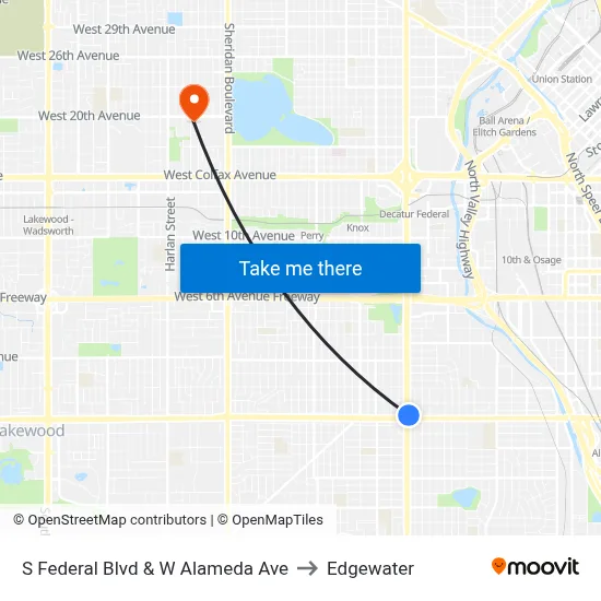 S Federal Blvd & W Alameda Ave to Edgewater map