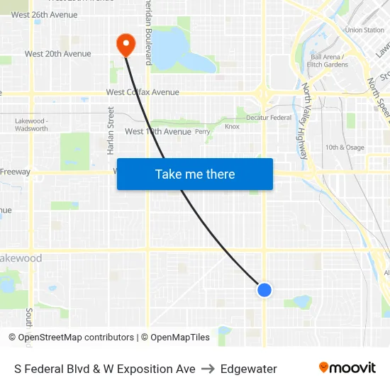 S Federal Blvd & W Exposition Ave to Edgewater map