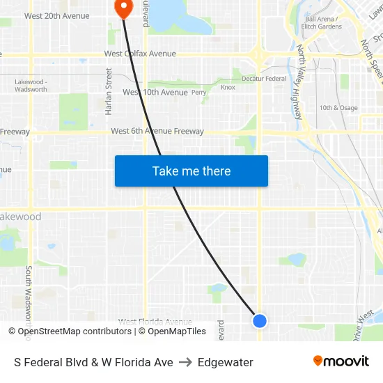 S Federal Blvd & W Florida Ave to Edgewater map
