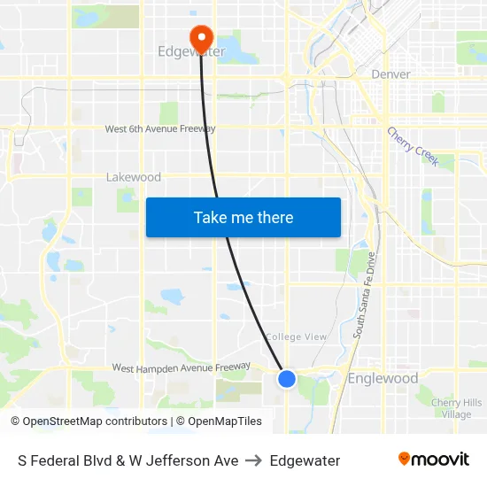 S Federal Blvd & W Jefferson Ave to Edgewater map