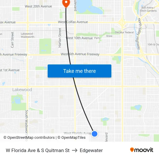 W Florida Ave & S Quitman St to Edgewater map
