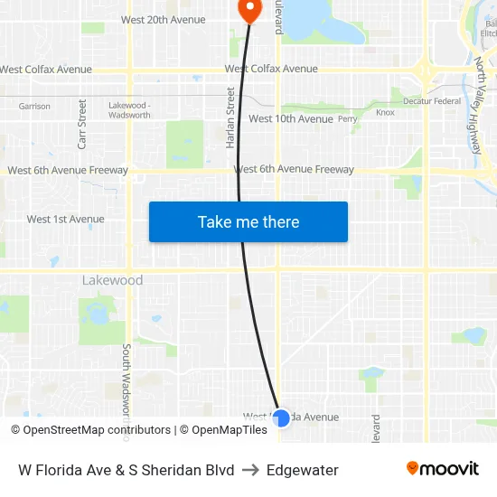 W Florida Ave & S Sheridan Blvd to Edgewater map