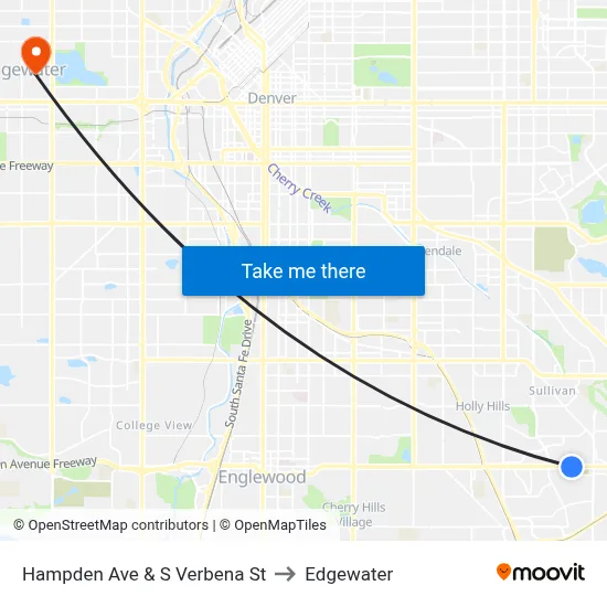 Hampden Ave & S Verbena St to Edgewater map