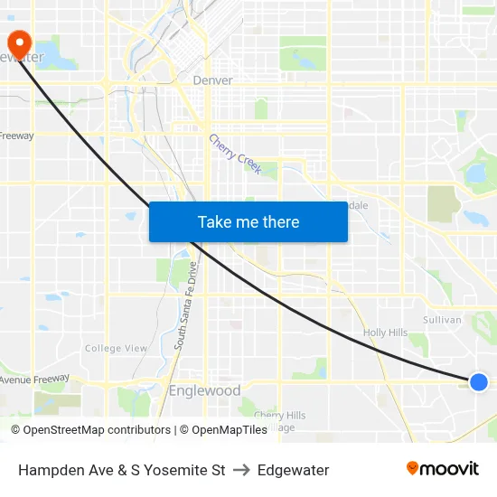 Hampden Ave & S Yosemite St to Edgewater map
