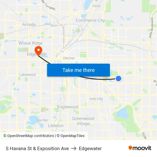 S Havana St & Exposition Ave to Edgewater map