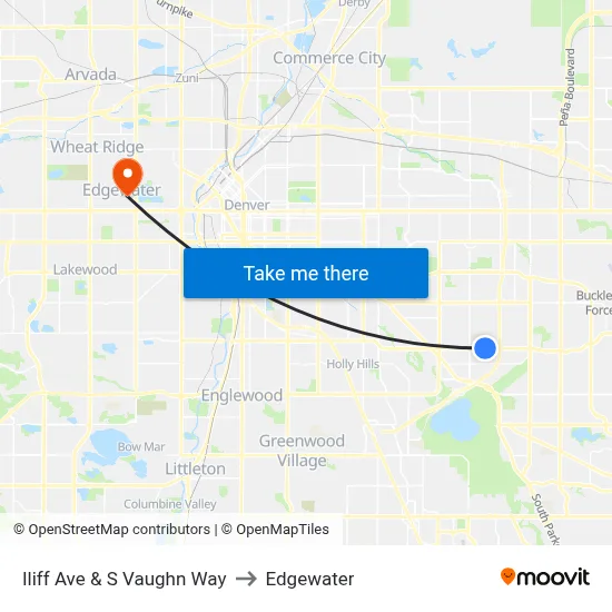 Iliff Ave & S Vaughn Way to Edgewater map