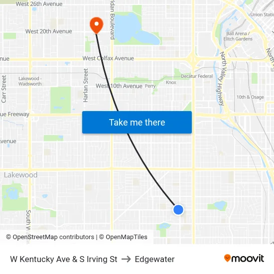 W Kentucky Ave & S Irving St to Edgewater map