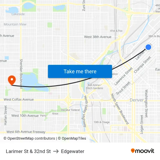 Larimer St & 32nd St to Edgewater map