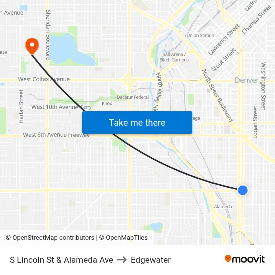 S Lincoln St & Alameda Ave to Edgewater map