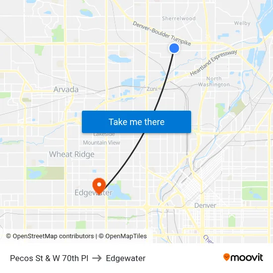 Pecos St & W 70th Pl to Edgewater map