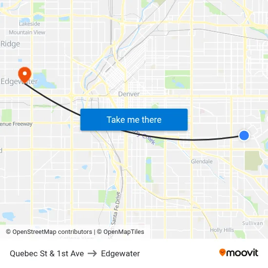 Quebec St & 1st Ave to Edgewater map