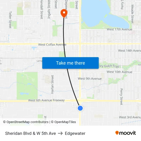 Sheridan Blvd & W 5th Ave to Edgewater map