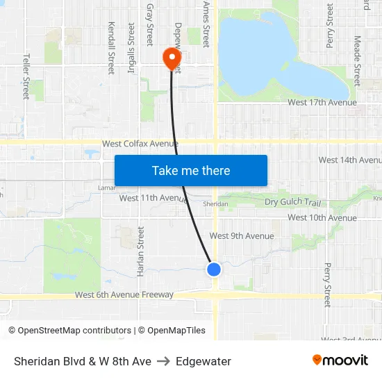 Sheridan Blvd & W 8th Ave to Edgewater map