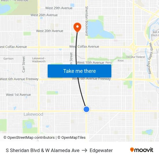 S Sheridan Blvd & W Alameda Ave to Edgewater map