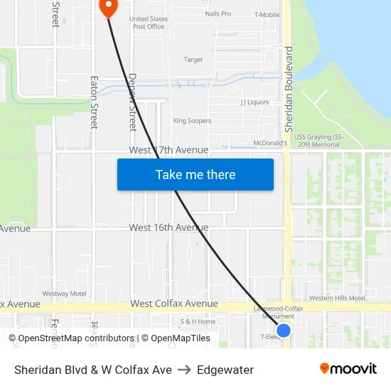 Sheridan Blvd & W Colfax Ave to Edgewater map