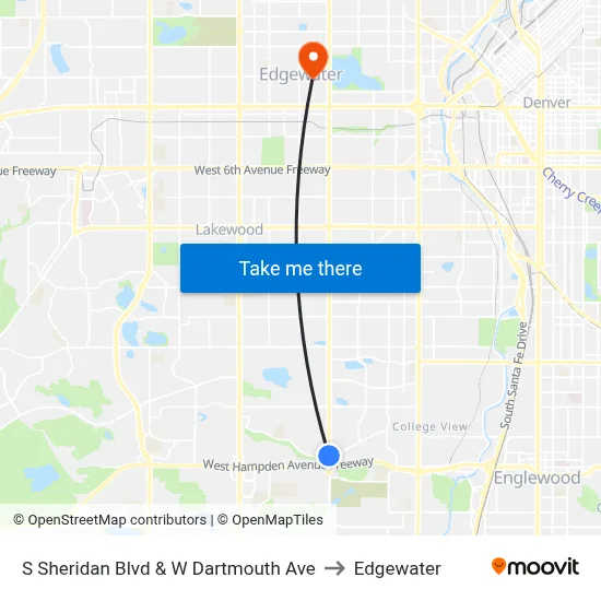 S Sheridan Blvd & W Dartmouth Ave to Edgewater map
