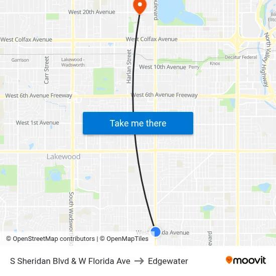 S Sheridan Blvd & W Florida Ave to Edgewater map