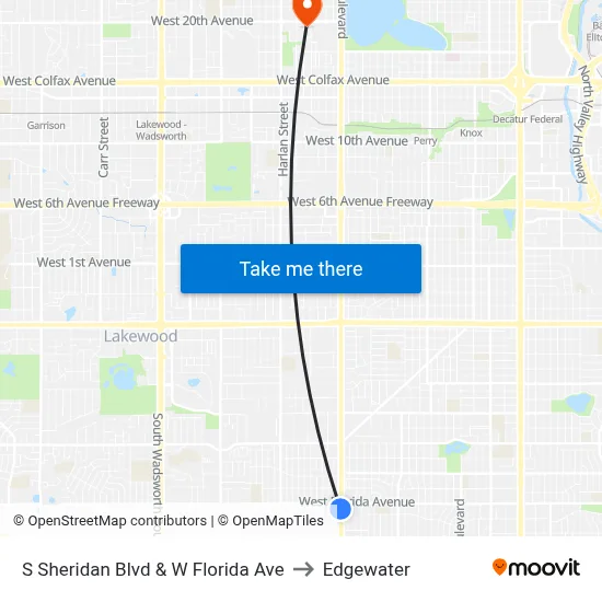 S Sheridan Blvd & W Florida Ave to Edgewater map