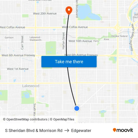 S Sheridan Blvd & Morrison Rd to Edgewater map