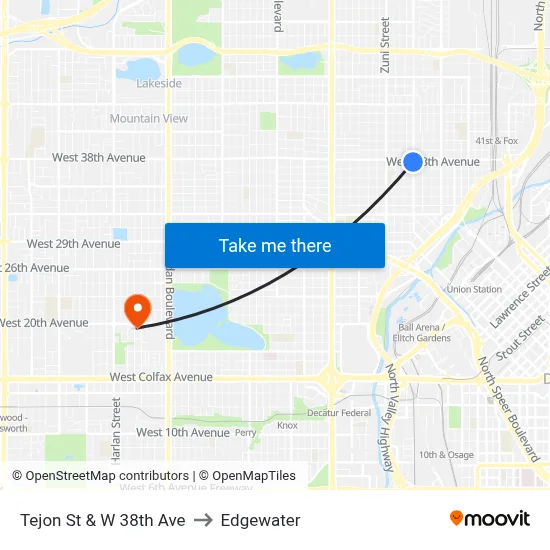 Tejon St & W 38th Ave to Edgewater map