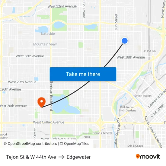 Tejon St & W 44th Ave to Edgewater map