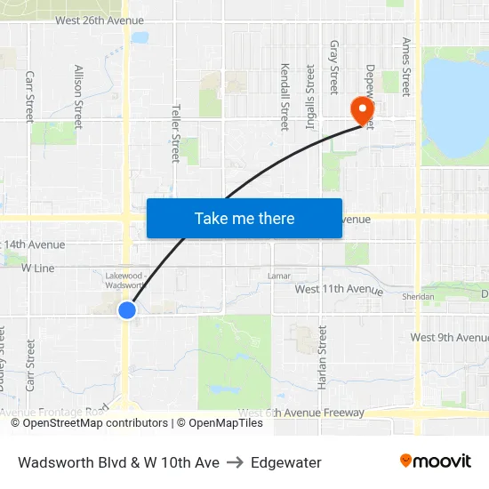 Wadsworth Blvd & W 10th Ave to Edgewater map