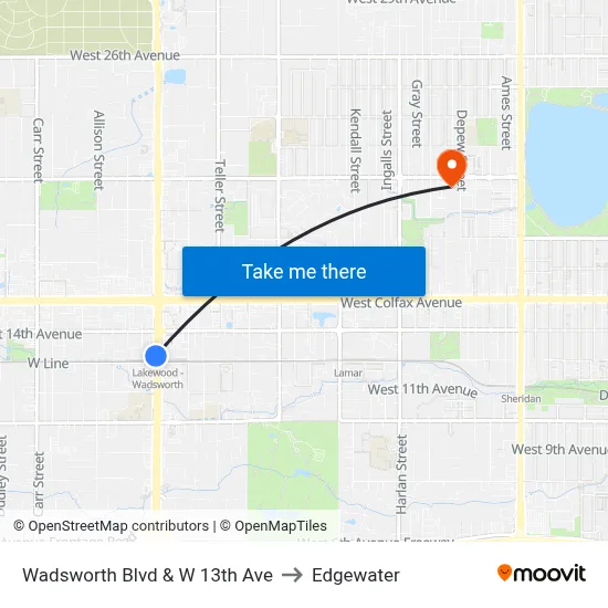 Wadsworth Blvd & W 13th Ave to Edgewater map