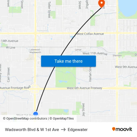 Wadsworth Blvd & W 1st Ave to Edgewater map