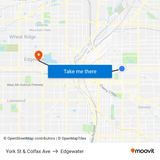 York St & Colfax Ave to Edgewater map