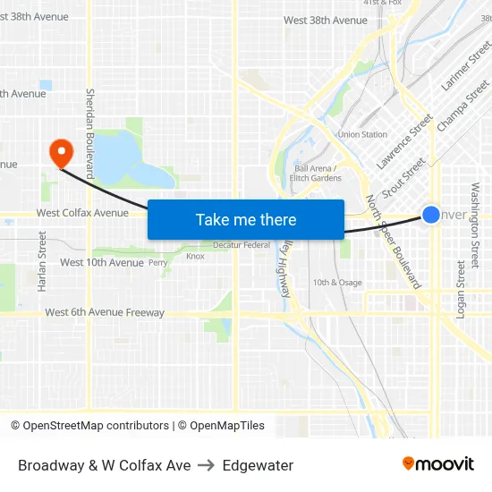 Broadway & W Colfax Ave to Edgewater map