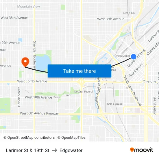 Larimer St & 19th St to Edgewater map